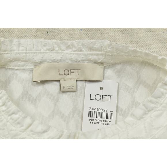 NEW LOFT Women's White Cotton Ruffle Blouse Button Front Top Regular Size M - Picture 7 of 8